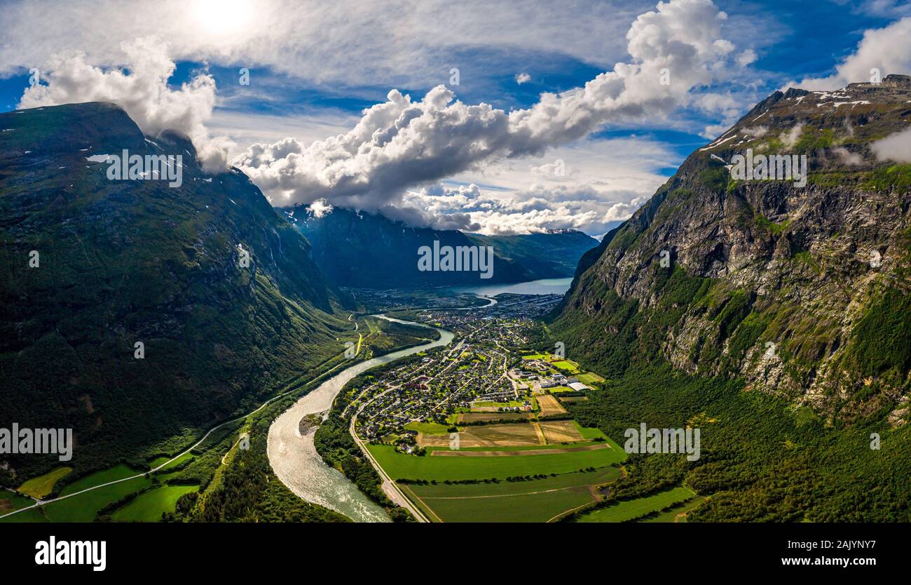 Village of Sunndalsora lies at the mouth of the river Driva at the beginning of the Sunndalsfjorden. Beautiful Nature Norway natural landscape. Stock Photo