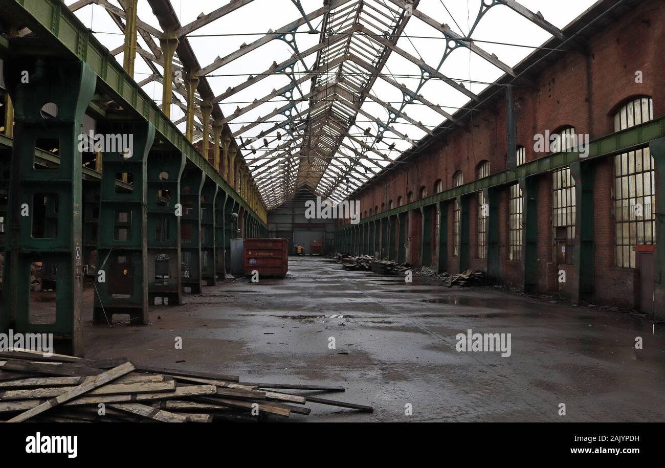 Horwich locomotive works erecting shop part demolished on the 4.1.20 as part of regenerating the site. Big demolishing job. Stock Photo