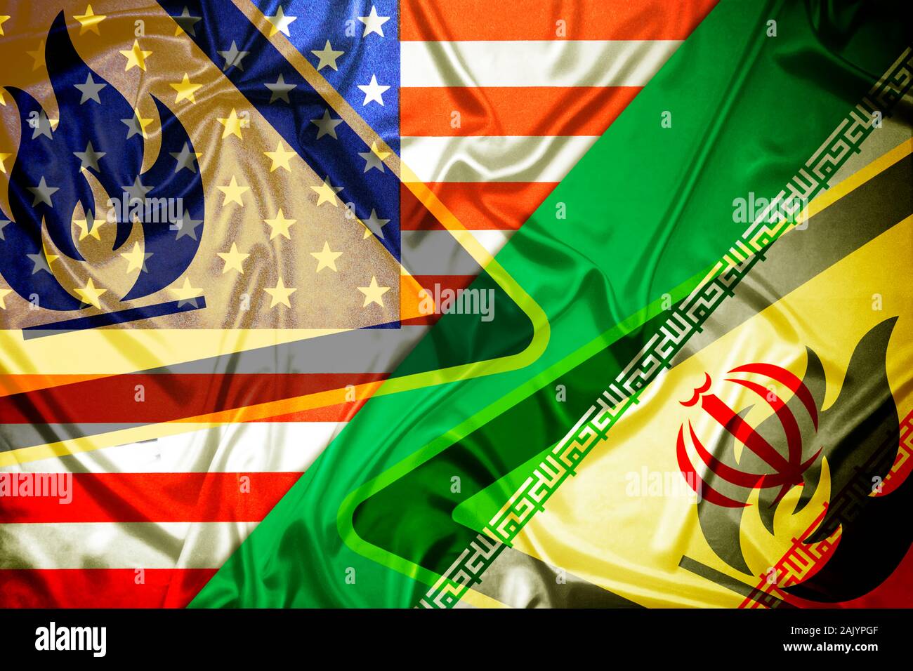 Flags of Iran and the USA and warning signs, US-Iran conflict Stock Photo