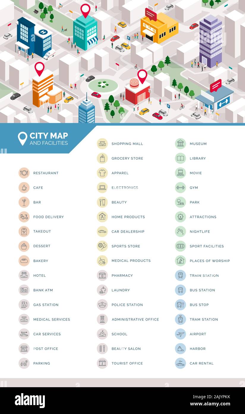 Isometric city map with people, buildings and pin pointers; services, tourism and facilities icons set Stock Vector