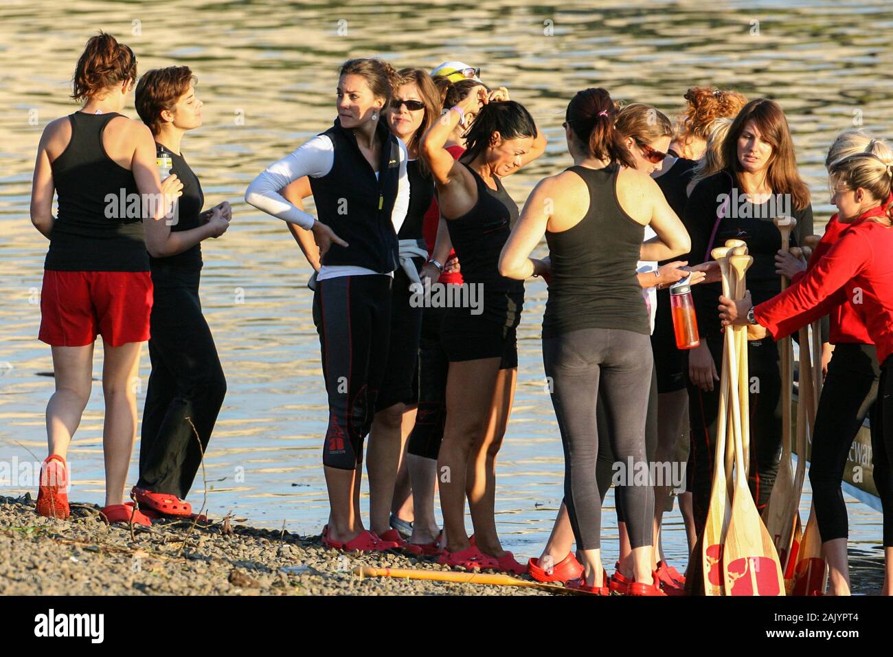 Kate Middleton, before she was The Duchess of Cambridge, training on board a dragon boat, in London, UK 2007. Kate made her now infamous appearance in the boat in 2007 following a brief split from William as the Sisterhood prepared for a cross-Channel race in the traditional Chinese vessel against all-boys crew the Brotherhood Stock Photo