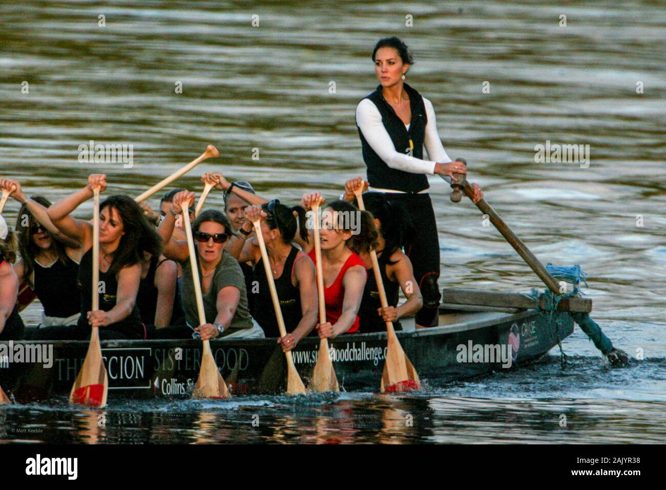 Kate Middleton, before she was The Duchess of Cambridge, training on board a dragon boat, in London, UK 2007. Kate made her now infamous appearance in the boat in 2007 following a brief split from William as the Sisterhood prepared for a cross-Channel race in the traditional Chinese vessel against all-boys crew the Brotherhood Stock Photo
