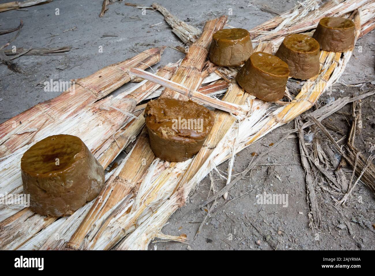 Blocks of chancaca or artisanal sugar made in moulds in a traditional way in Amazonas in northern Peru Stock Photo