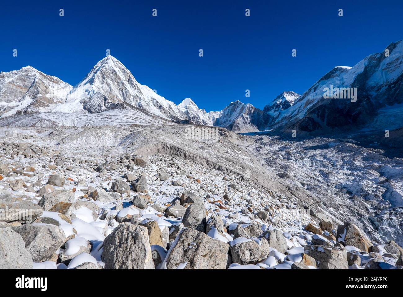 The Khumbu valley on the Everest Base Camp Trek in the Nepal Himalayas, in winter. The tall mountain is Pumori Stock Photo
