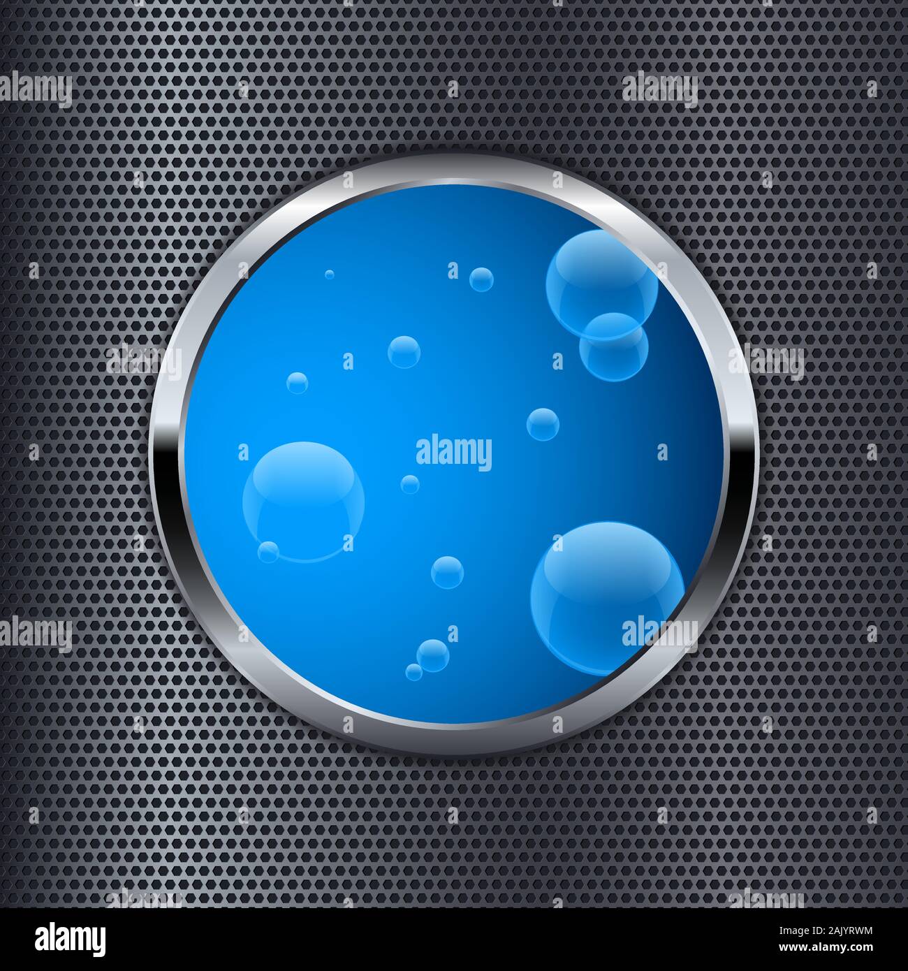 Blue button on metal perforated background Stock Vector