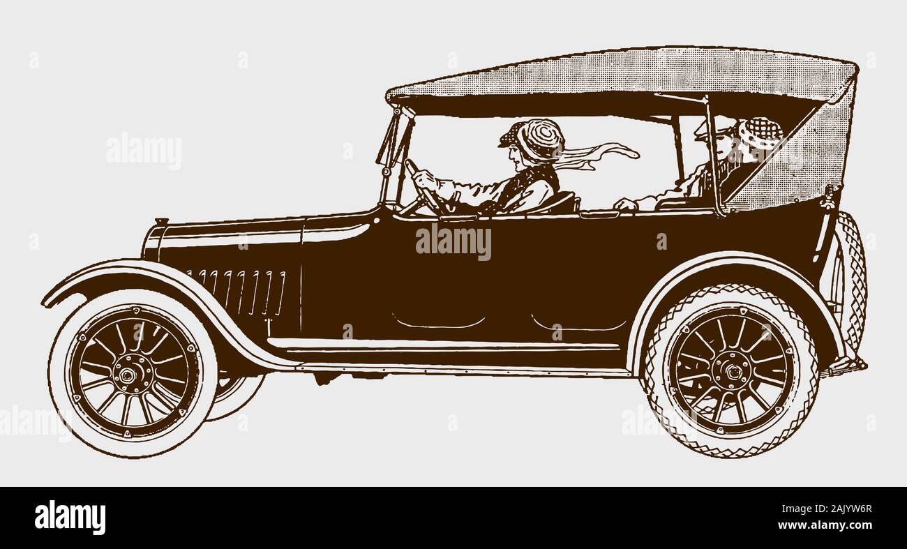 Two historical couples driving in a classic touring car. Illustration after an engraving from the early 20th century Stock Vector
