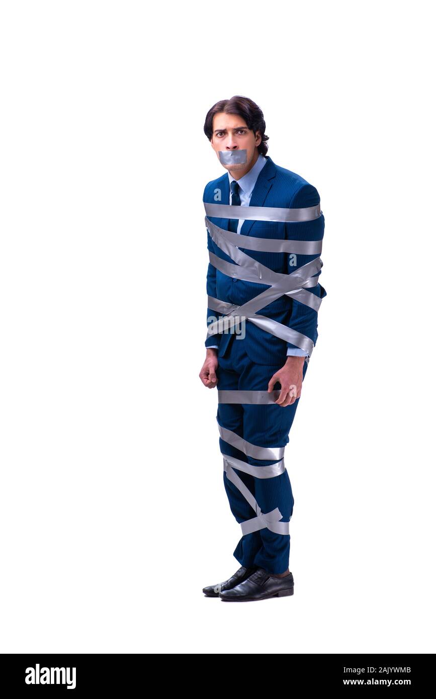 The tied employee with tape on mouth isolated on white Stock Photo