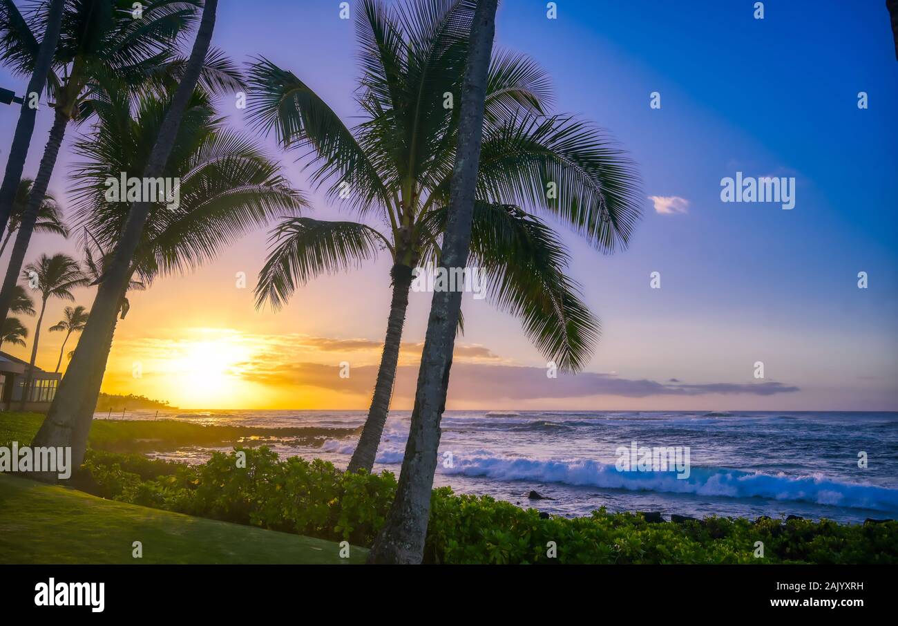 Sunrise over the coast of Kauai, Hawaii. Stock Photo