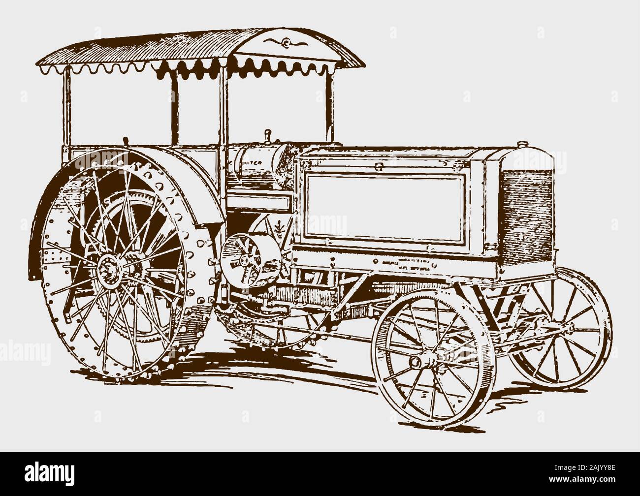Historical gasoline or kerosene tractor. Illustration after an engraving from the early 20th century Stock Vector