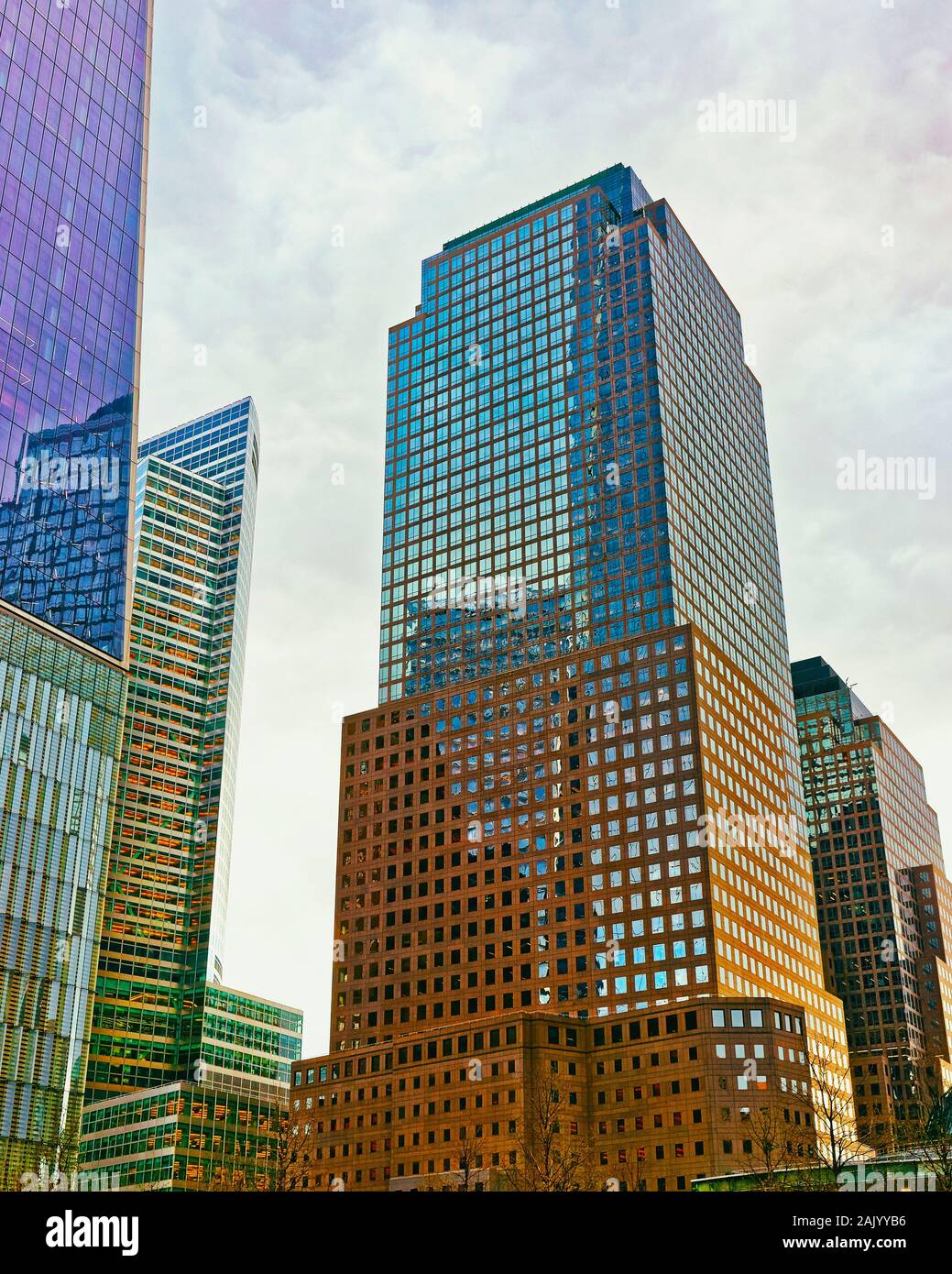Three World Financial Center in Financial District USA reflex Stock Photo