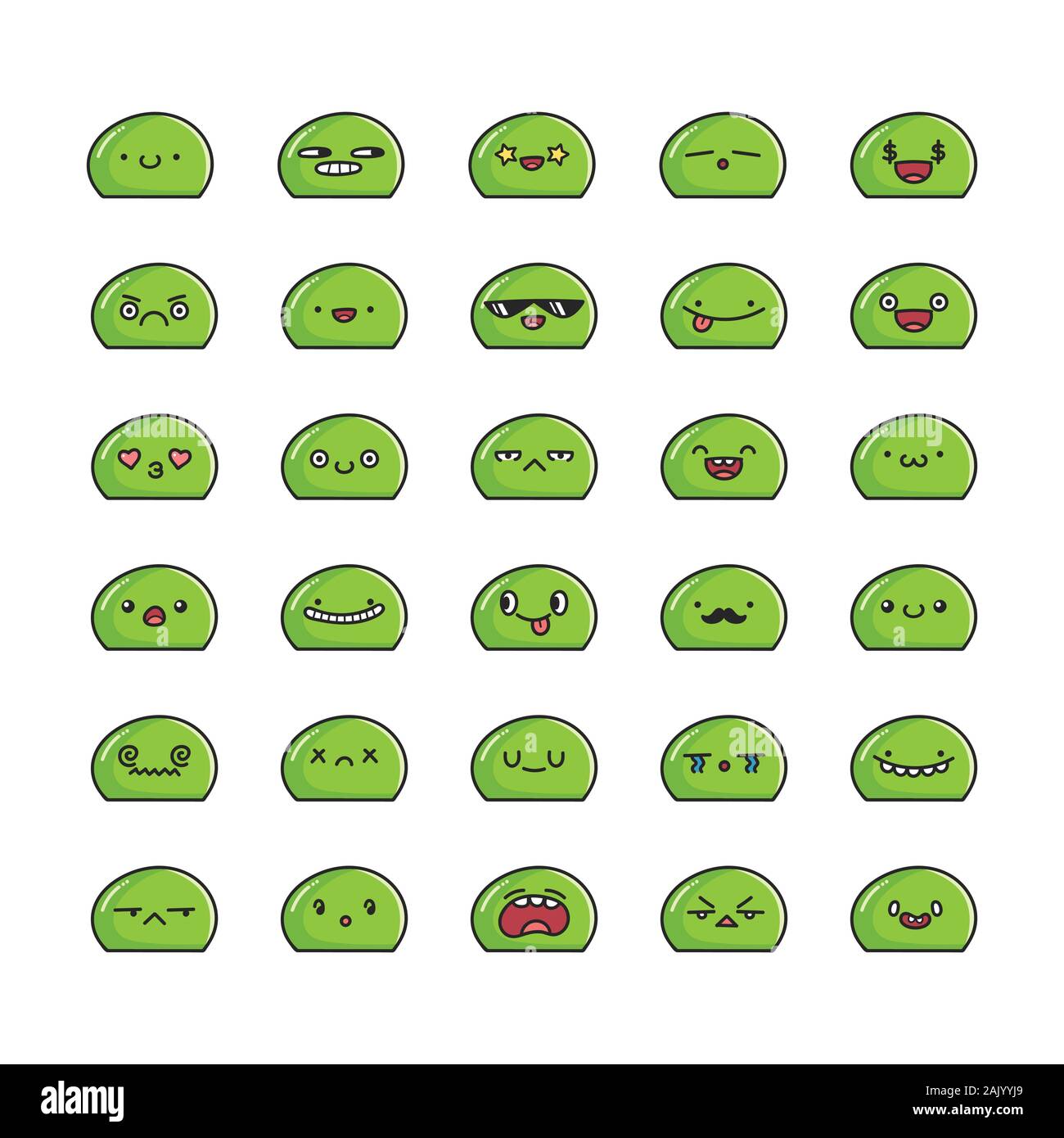 Collection of kawaii slime monster emoticons cartoons isolated on white Stock Vector