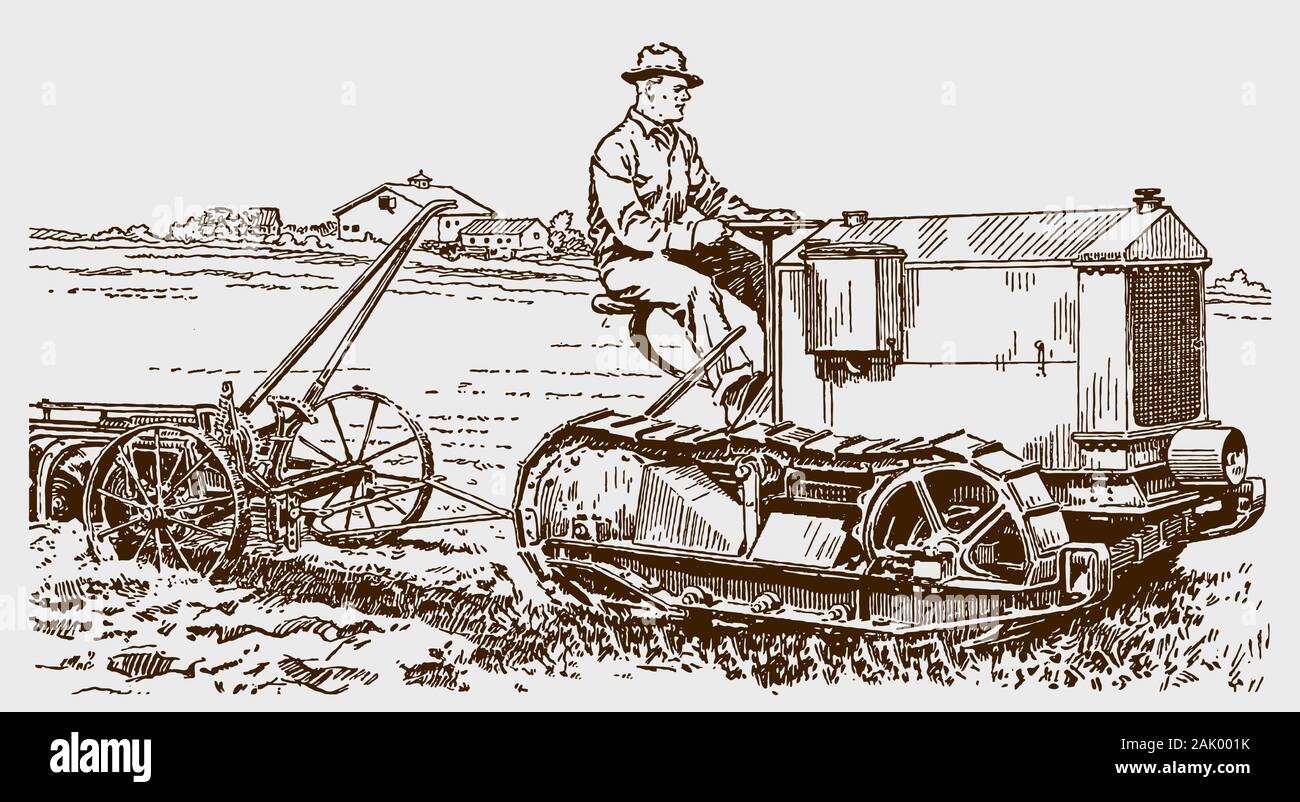 Historical farmer plowing his field with a tractor. Illustration after an engraving from the early 20th century Stock Vector