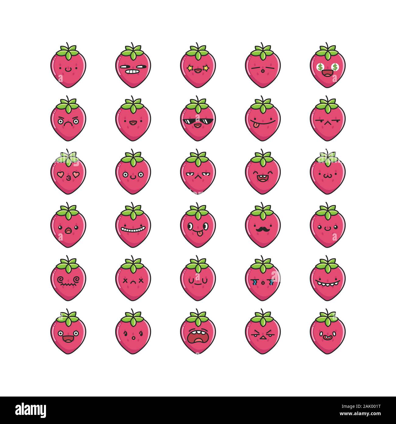 Collection of kawaii strawberry emoticons cartoons isolated on white ...