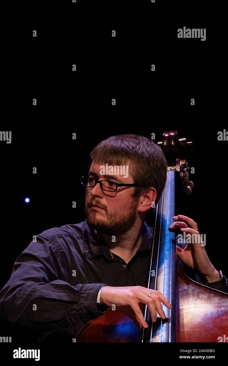 James Agg plays double bass with John Law's Re-Creations, Scarborough Jazz Festival 2019 Stock Photo