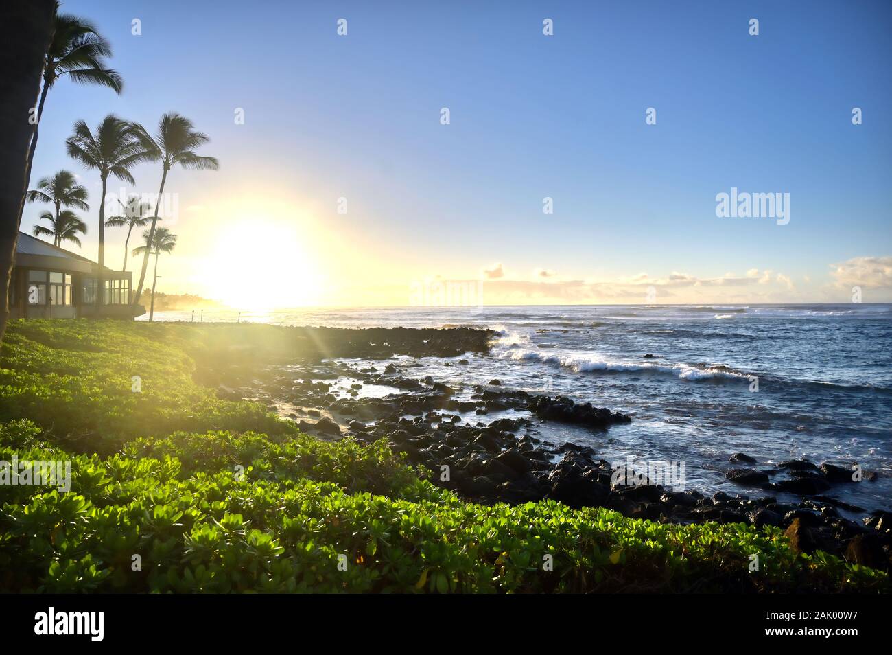 The sunrise over the beach in Kauai, Hawaii Stock Photo