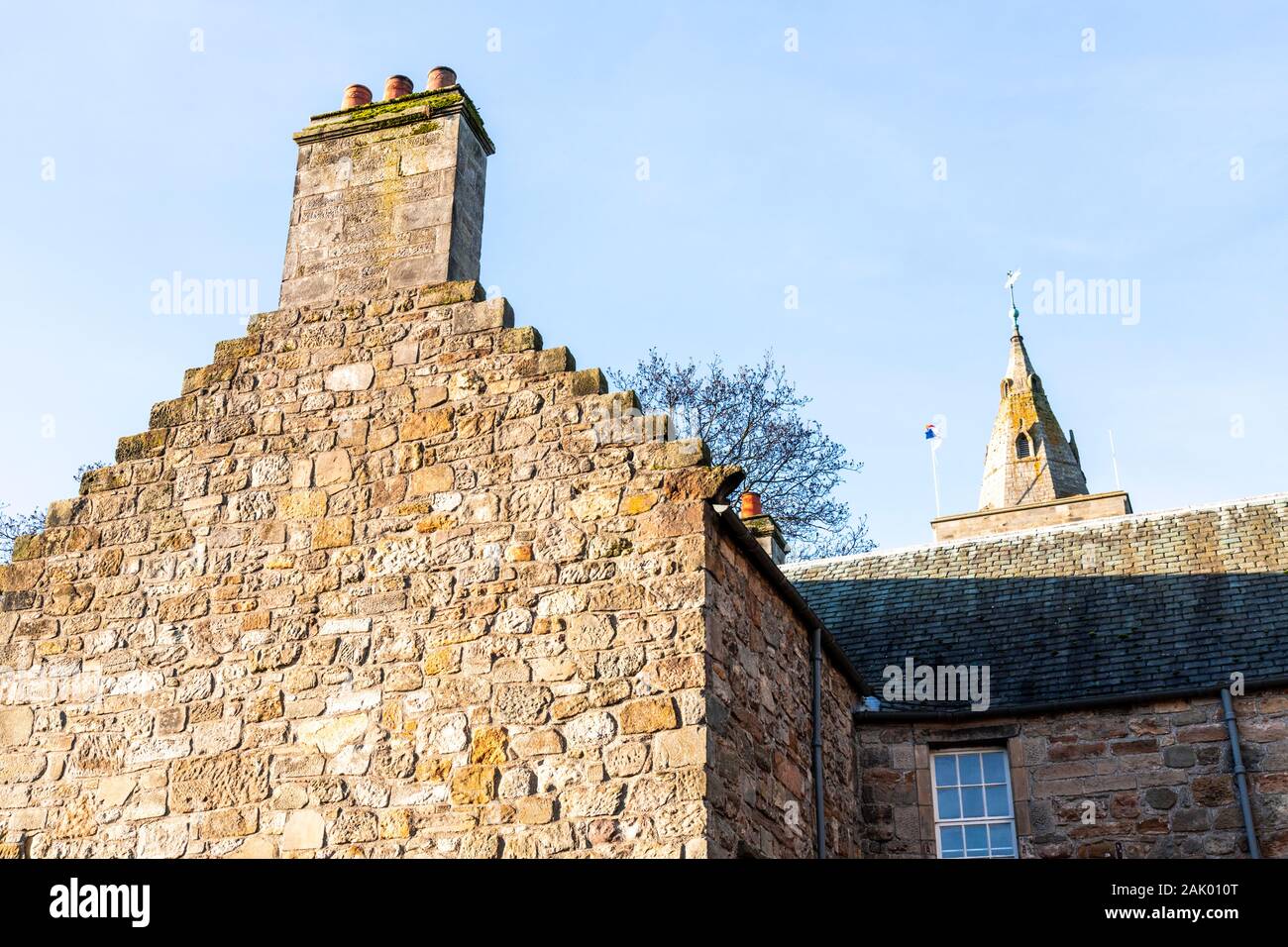 A gable wall with crowsteps on an old stone building in St Andrews, Fife, Scotland UK Stock Photo