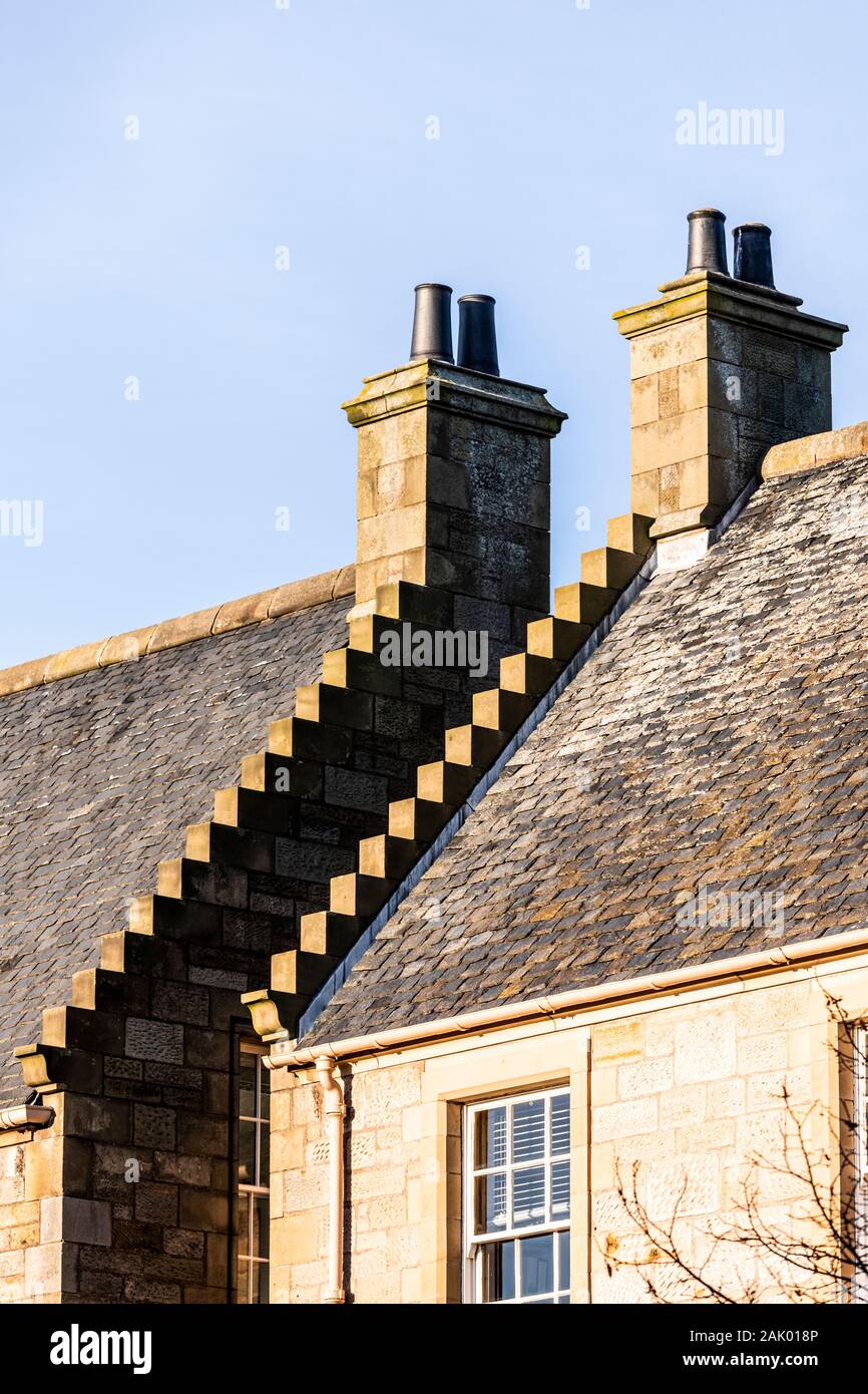 Gable walls with crowsteps on old stone buildings in St Andrews, Fife, Scotland UK Stock Photo
