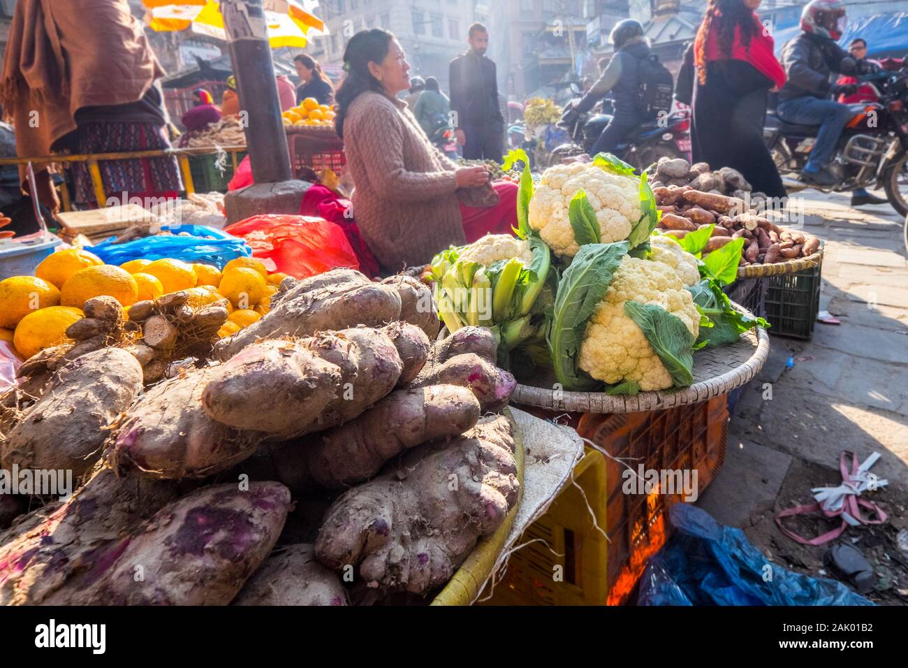 Fruit and vegetables for sale at an open air market in Kathmandu, Nepal Stock Photo