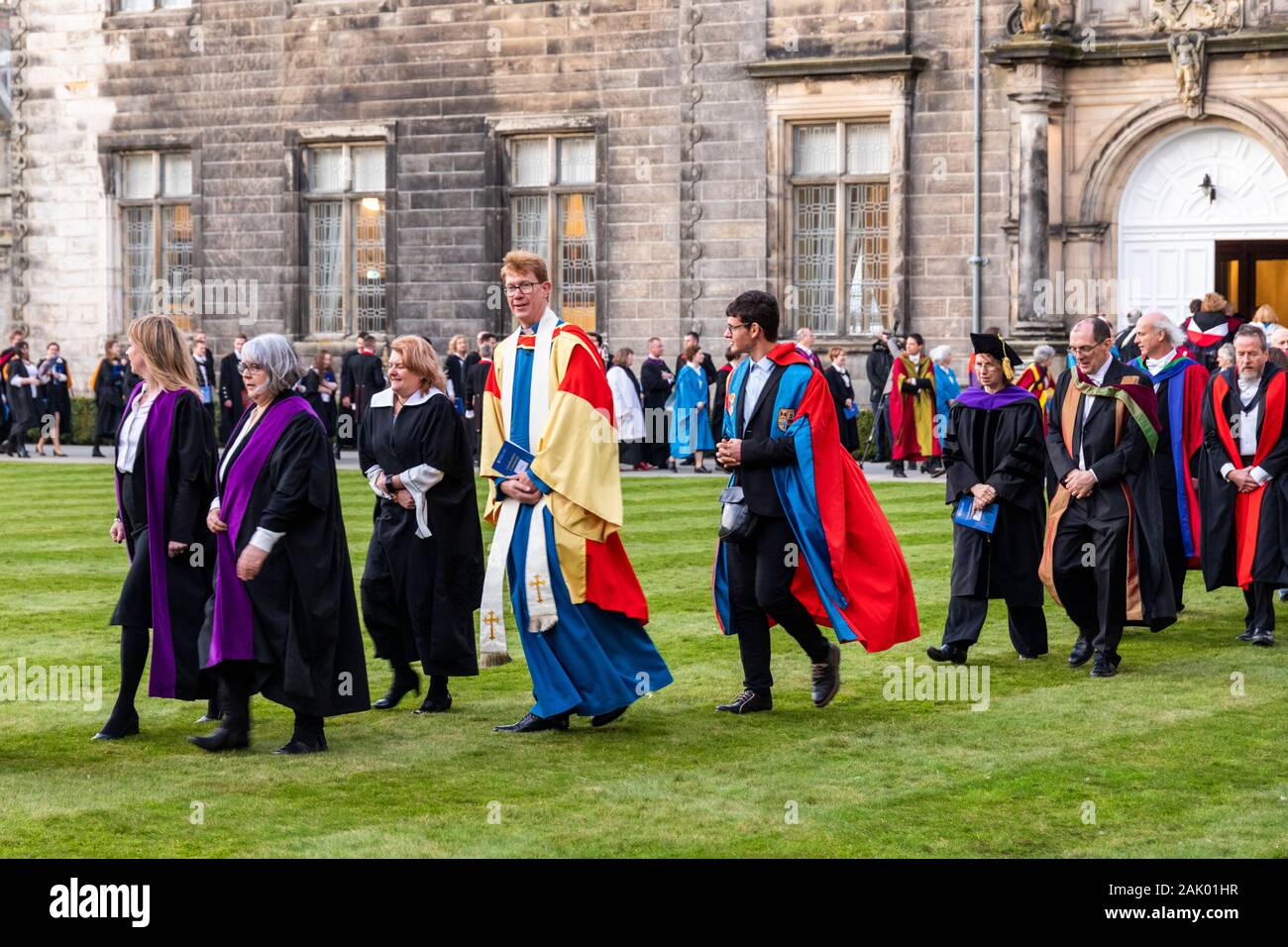 Procession after the December 2019 graduation ceremony of St Andrews University taking place in the St Salvators quadrangle (Sallies Quad), St Andrews Stock Photo