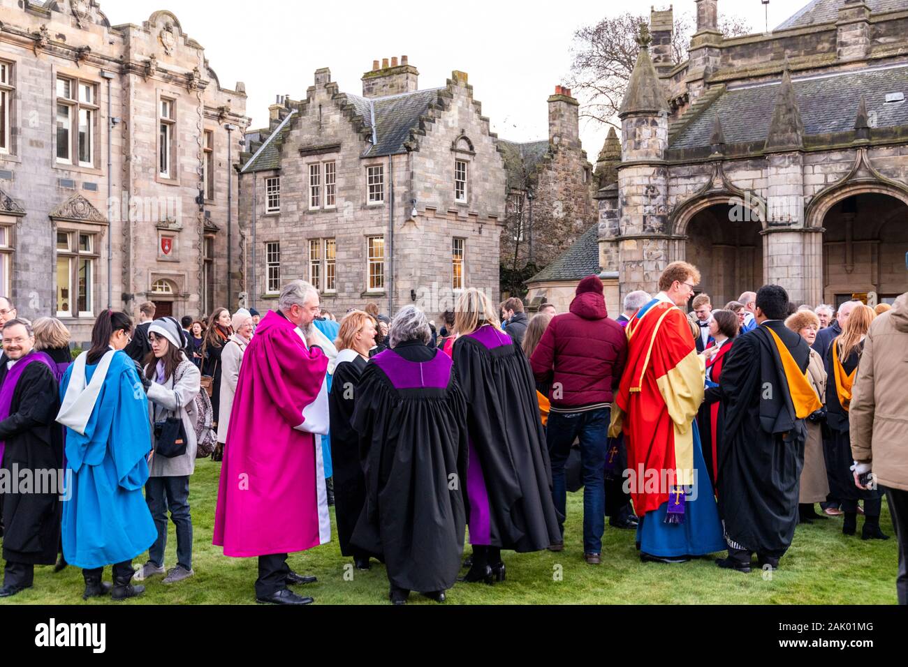Procession after the December 2019 graduation ceremony of St Andrews University taking place in the St Salvators quadrangle (Sallies Quad), St Andrews Stock Photo