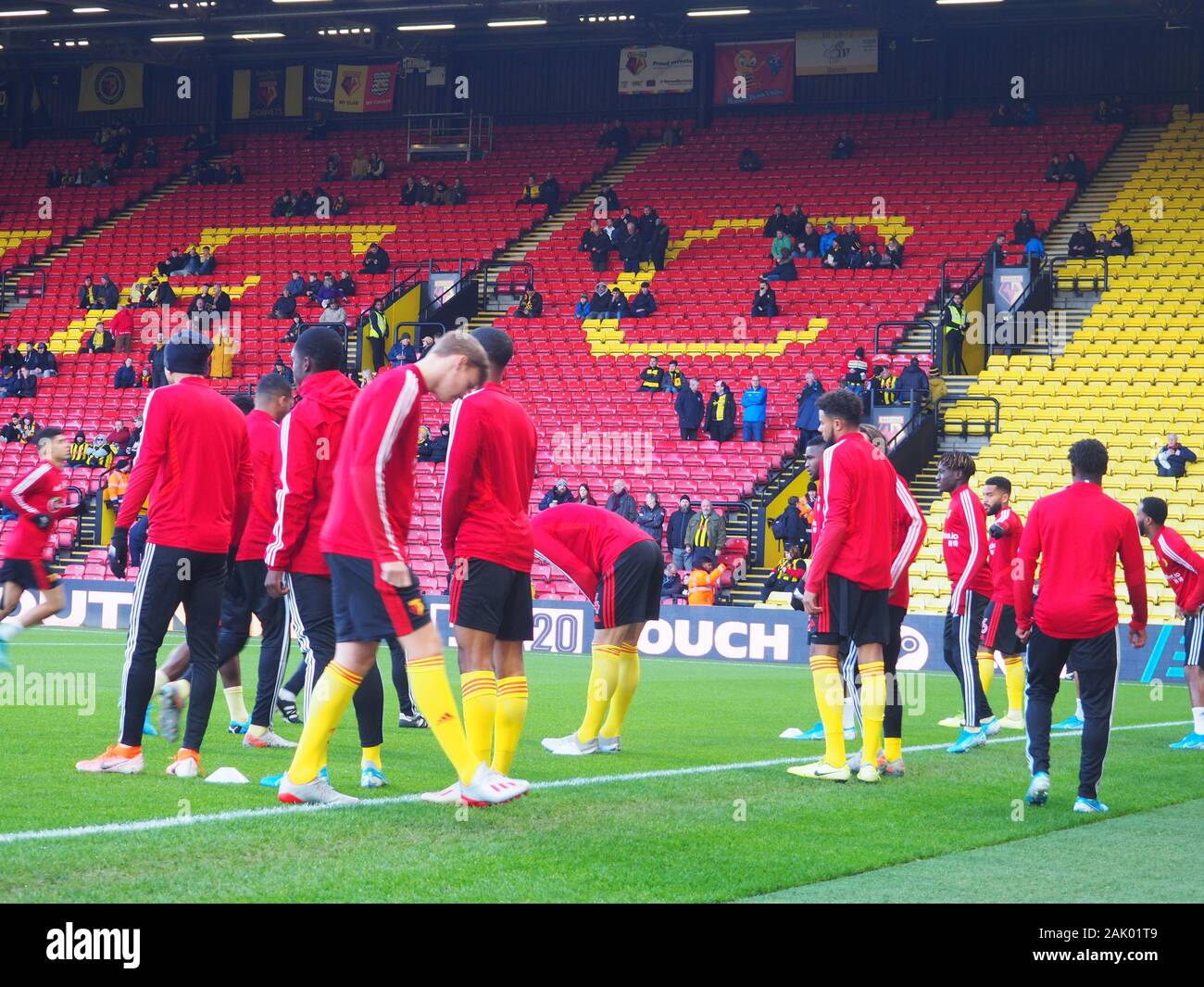 Watford players warming up ahead of the FA cup game vs Tranmere Rovers Stock Photo