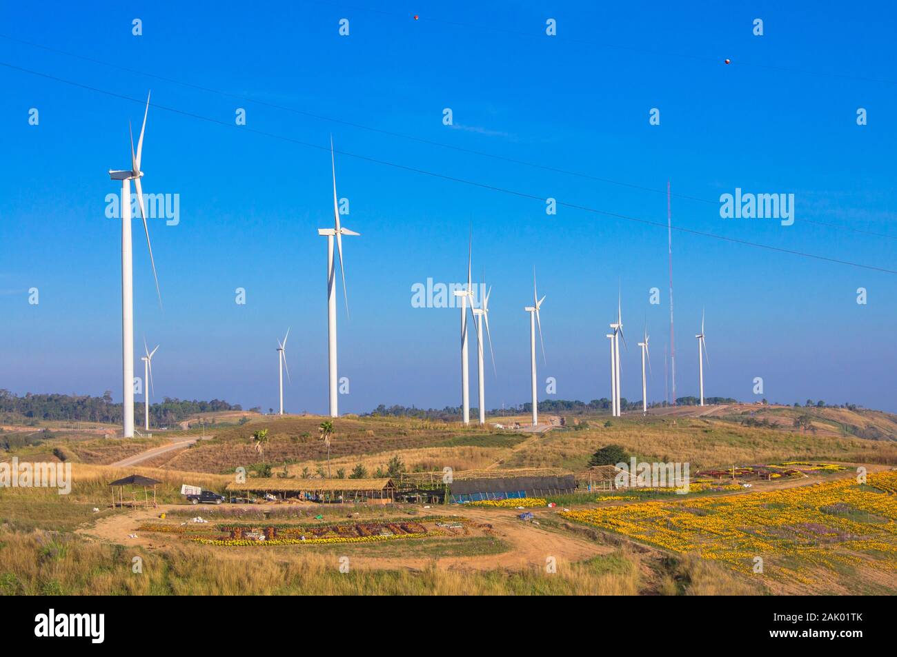Wind turbines. Wind power generators. Alternative energy, reduce global warming. Reduce insufficient energy problems. Stock Photo