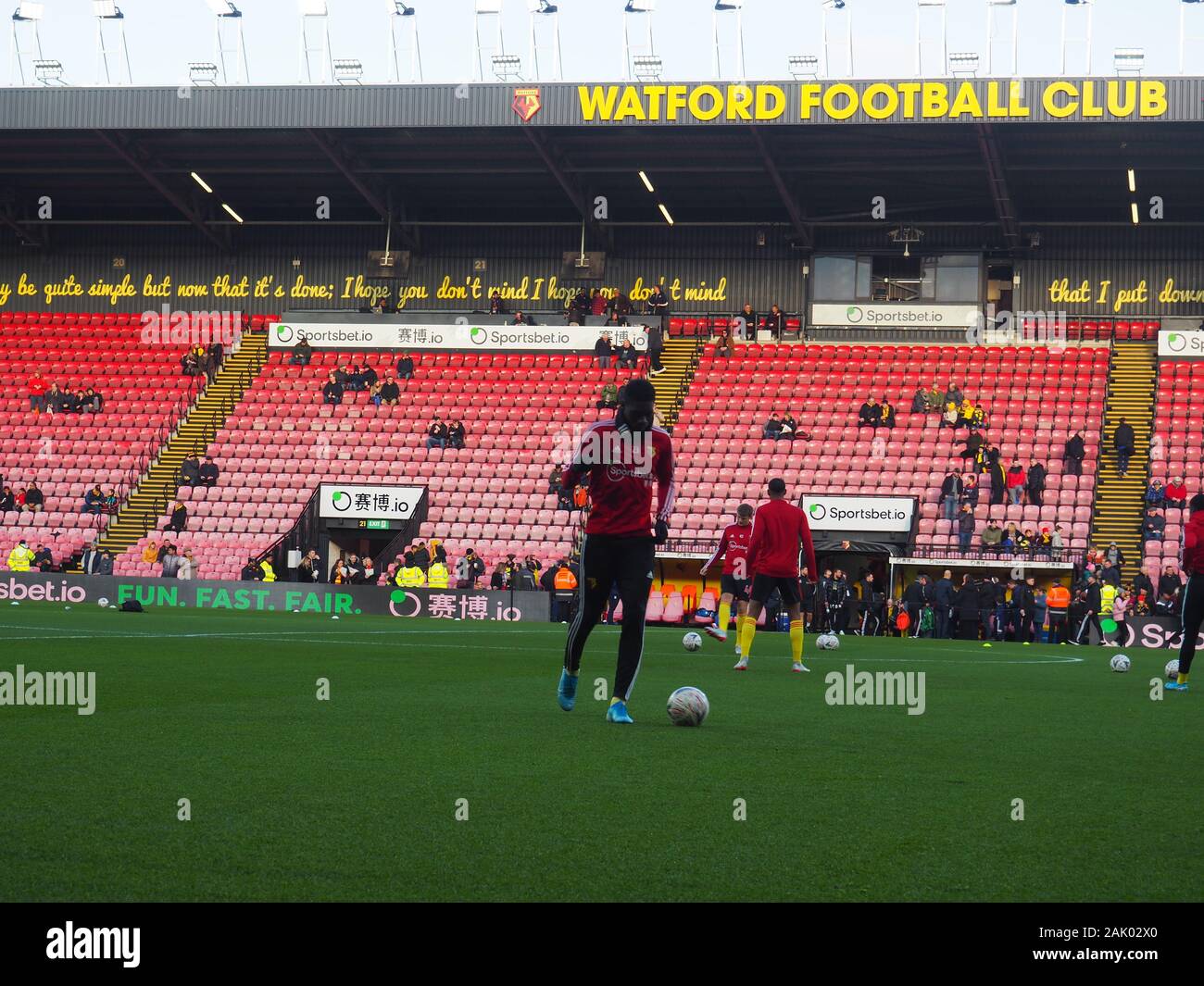 Watford players warming up ahead of the FA cup game vs Tranmere Rovers Stock Photo