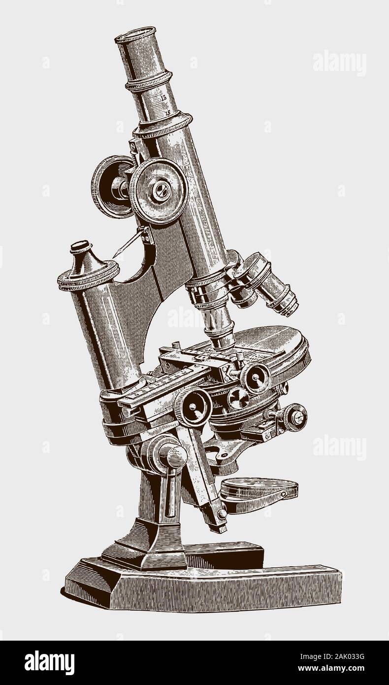 Large inclinable optical microscope with hinged joint and clamping lever. Illustration after a historical engraving from the 19th century Stock Vector