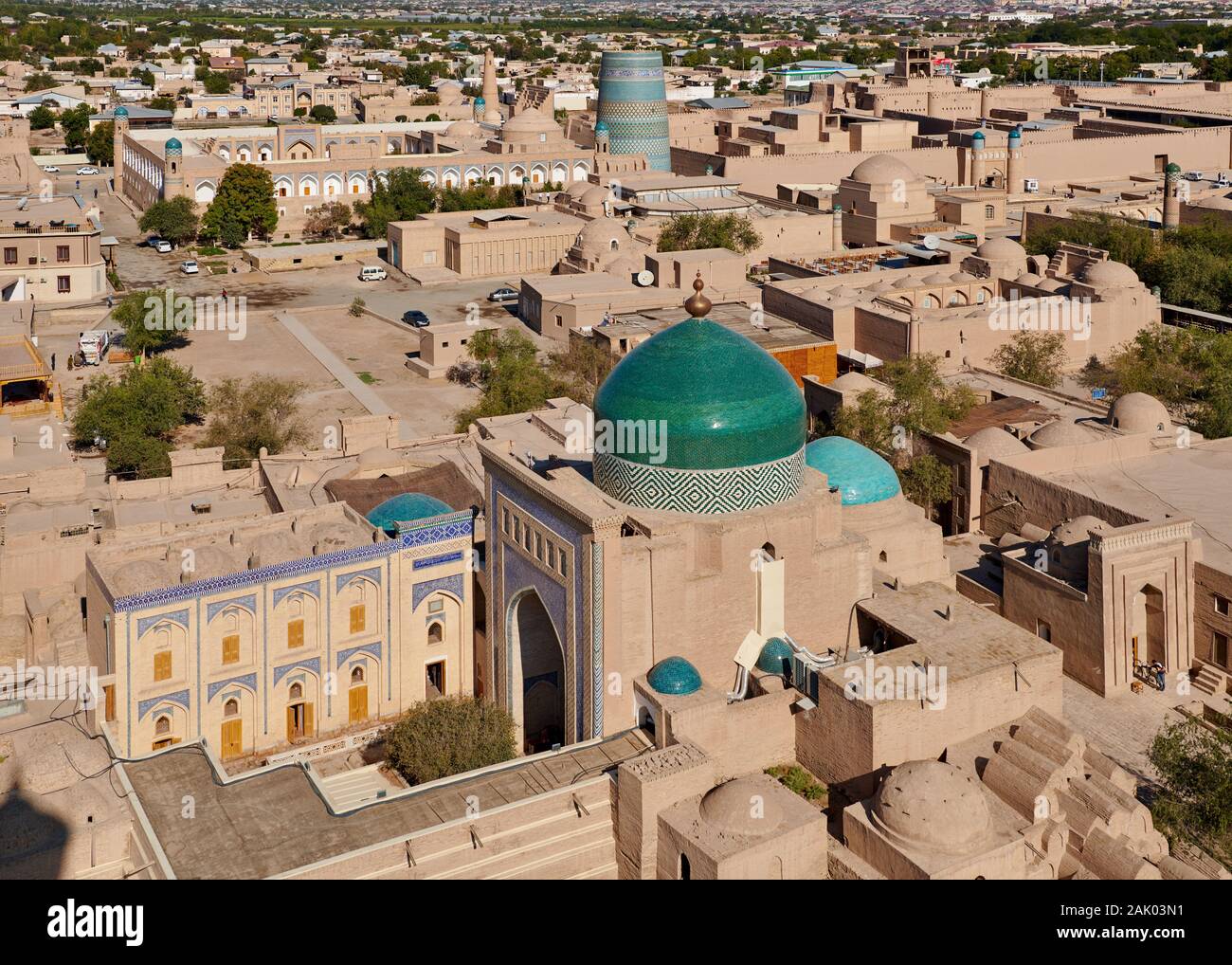 arial view from Minaret of the Islam-Khodja madrassa onto Itchan-Kala, Khiva, Uzbekistan, Central Asia Stock Photo