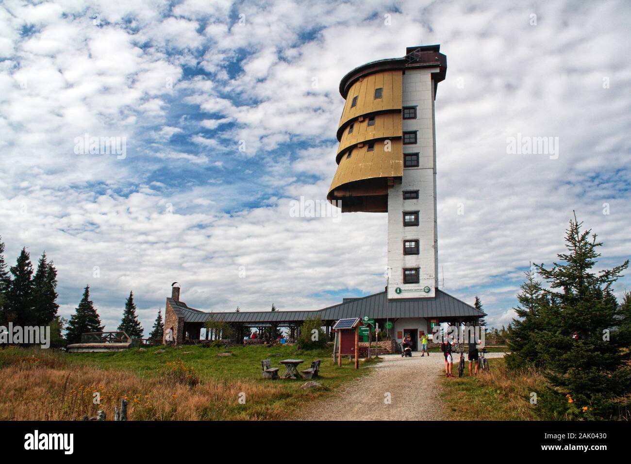 Former military watchtower, now lookout tower, on top of mountain Polednik in Sumava mountains Stock Photo