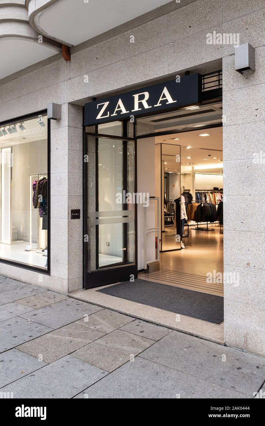 Galicia, Spain; january 02, 2020: Zara facade store. Zara is one of the largest international fashion companies and it's the flagship chain store of t Stock Photo