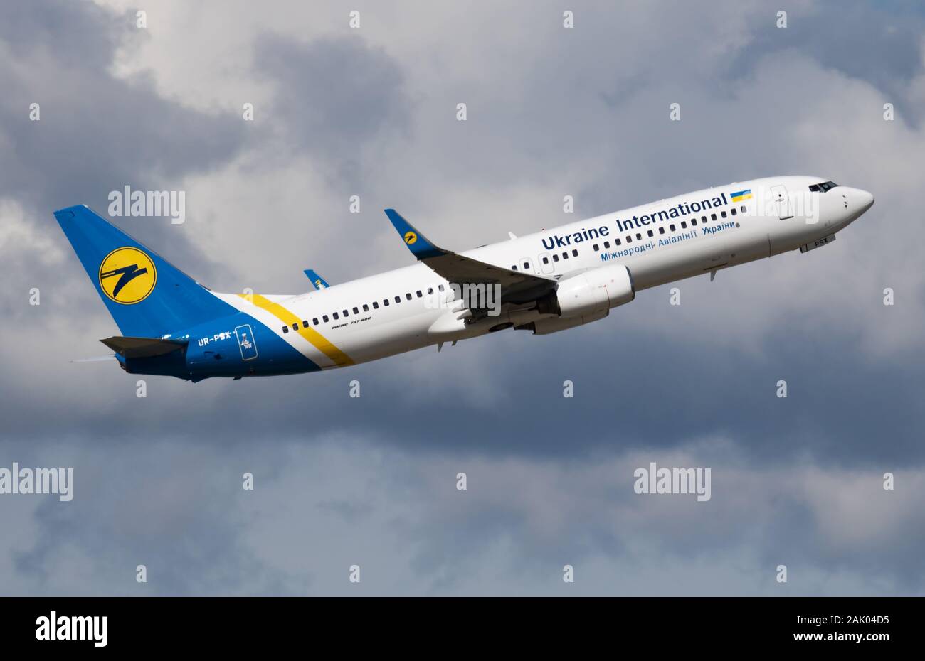 Budapest / Hungary - May 15, 2018: Ukraine International Airlines Boeing 737-800 UR-PSX passenger plane departure and take off at Budapest Airport Stock Photo