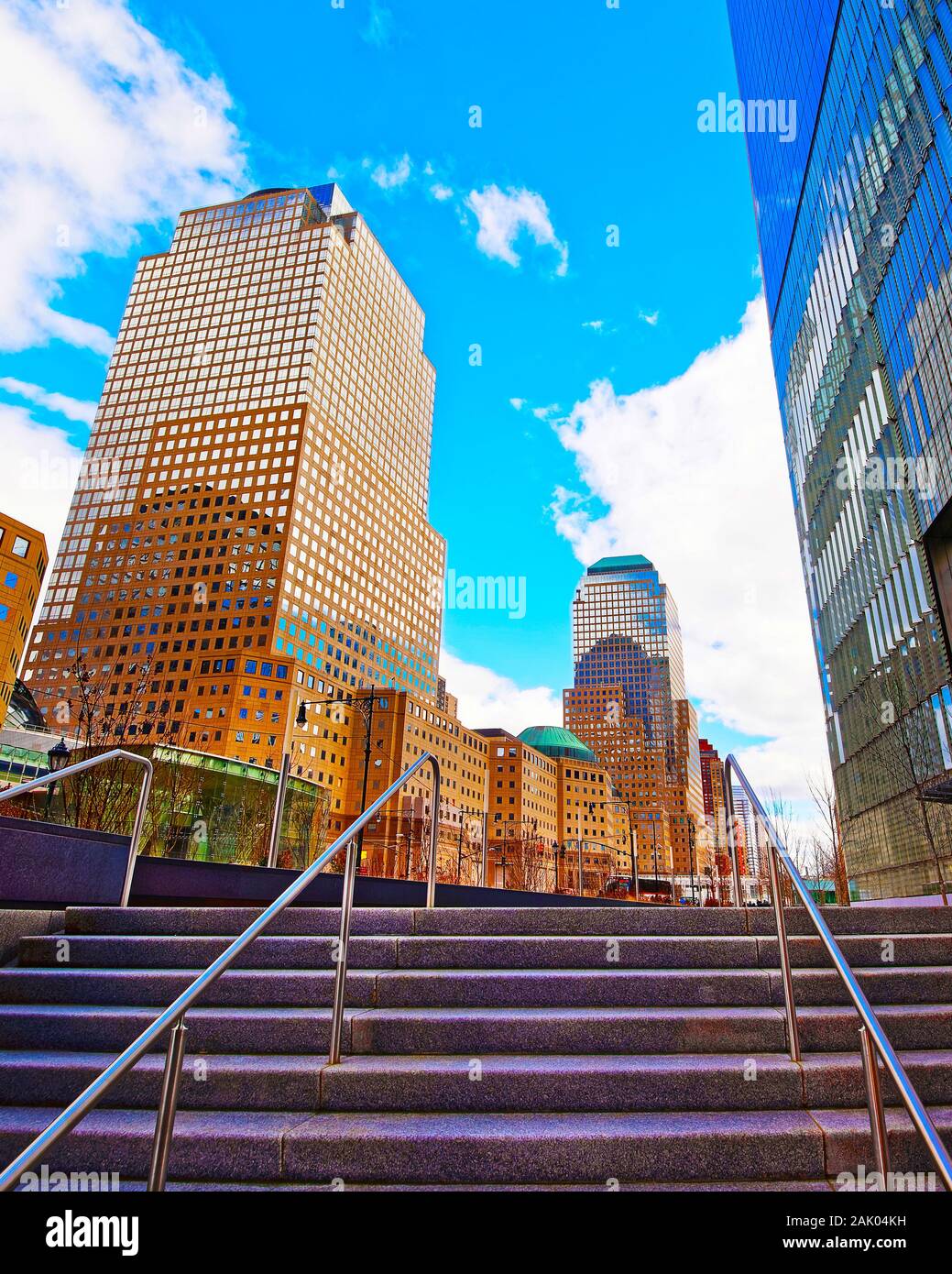 Two and Three World Financial Centers in Financial District reflex Stock Photo