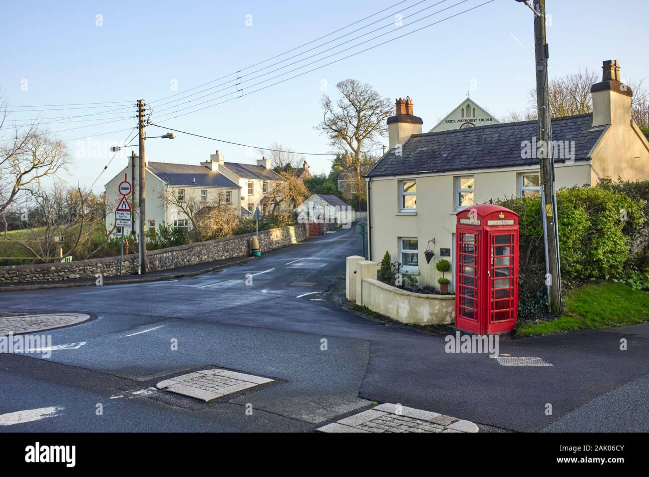 Red K6 phonebox in Bride village, Isle of Man Stock Photo