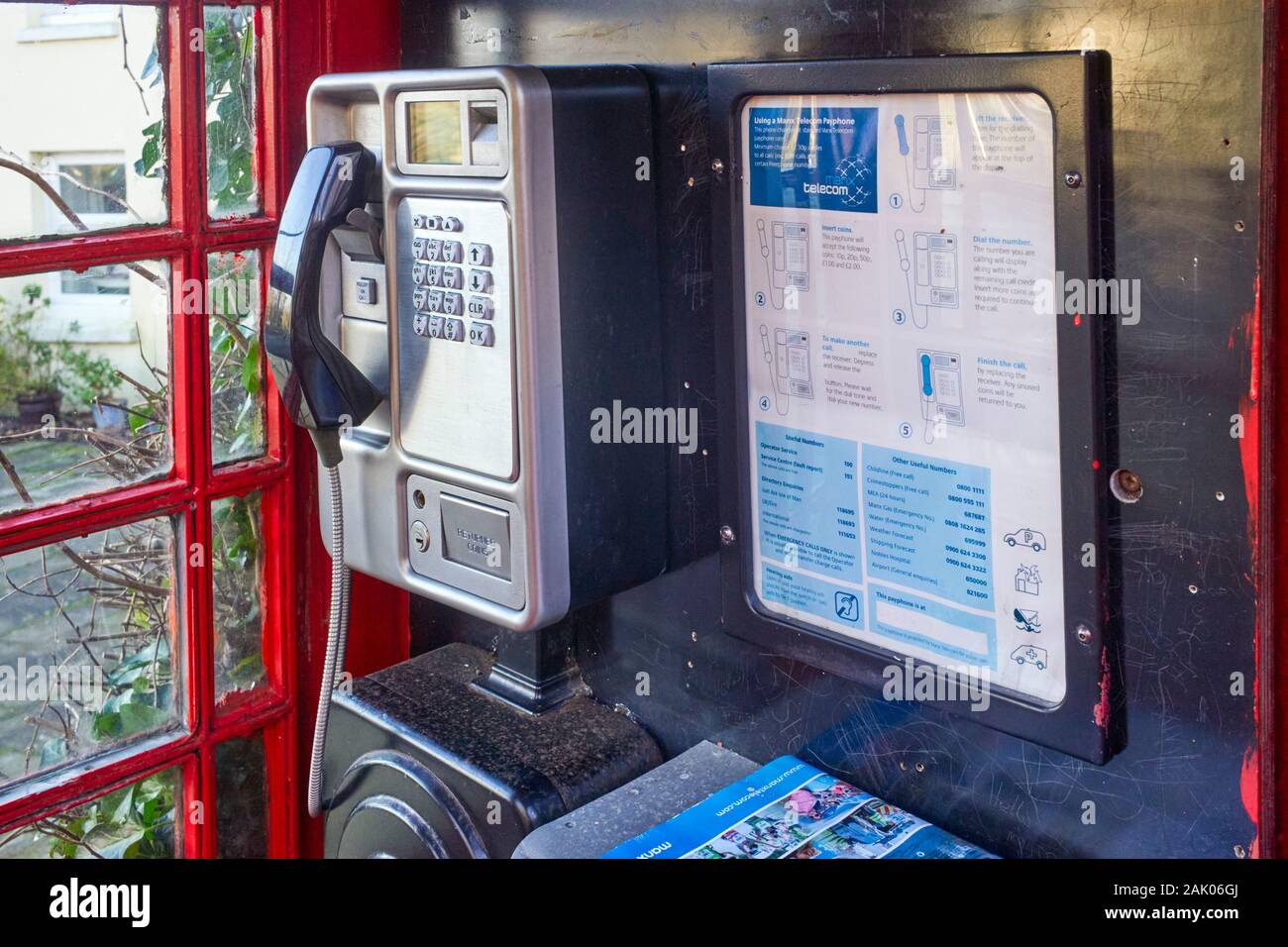 Interior of a red K6 phonebox in Bride village, Isle of Man Stock Photo
