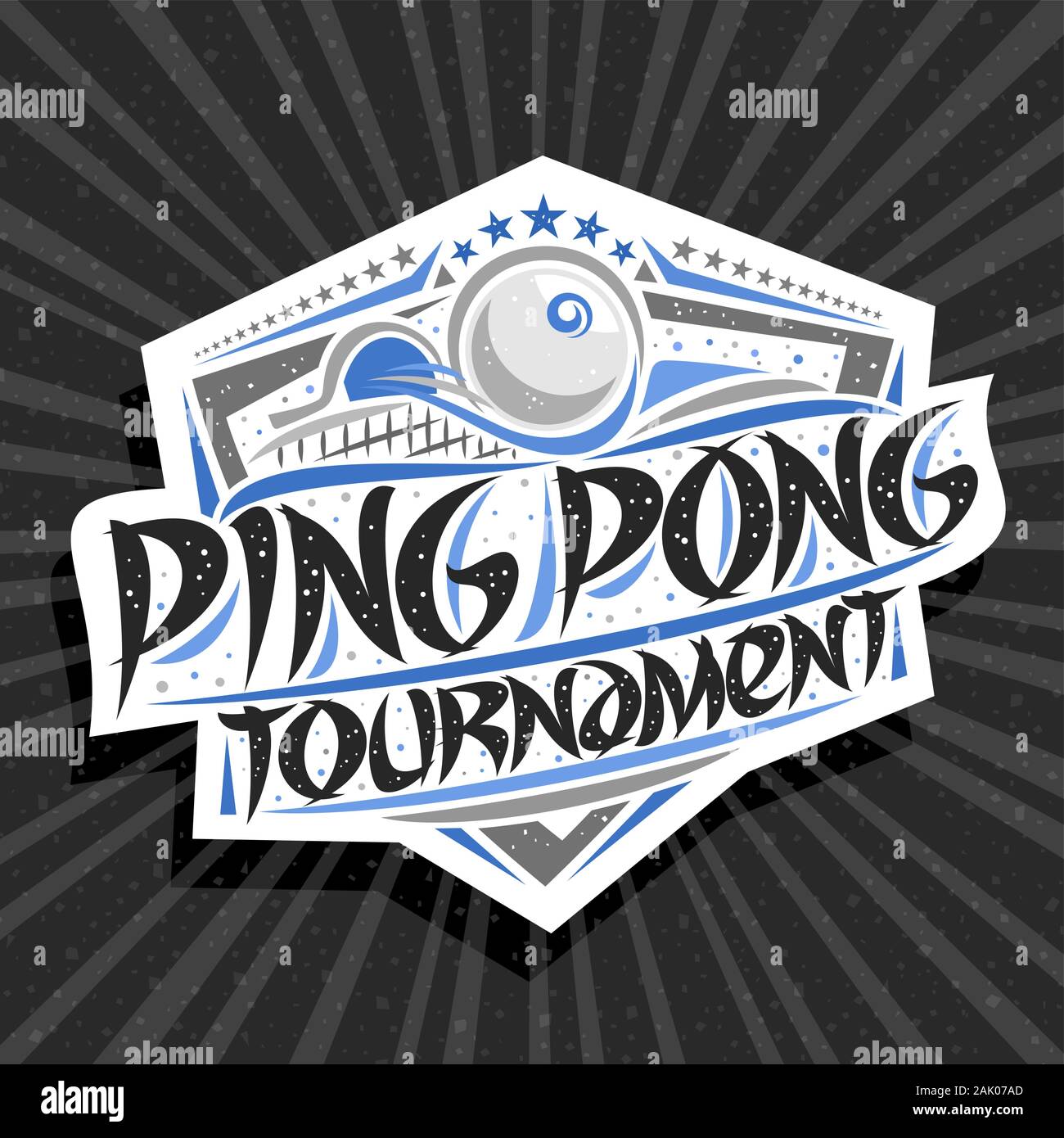 Vector logo for Ping Pong Tournament, modern signage with hitting ball in goal, original brush typeface for words ping pong tournament, sports shield Stock Vector