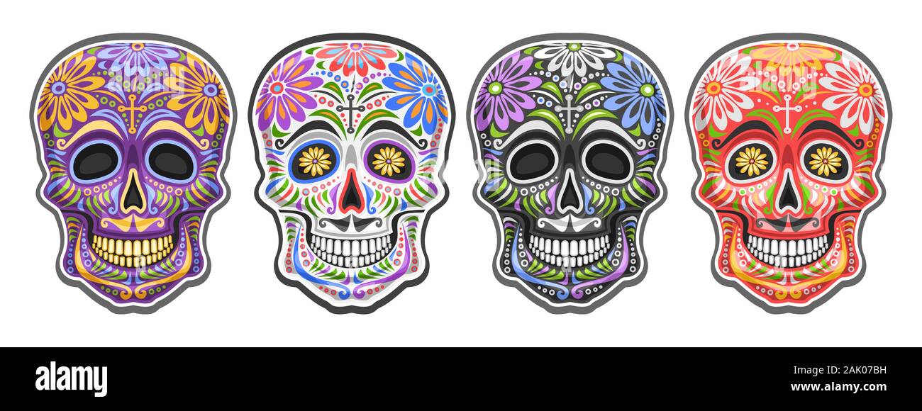 Vector set of Sugar Skulls for mexican Day of the Dead, collection of 4 cut out colorful human skulls with ethnic floral ornament for Dia de los Muert Stock Vector
