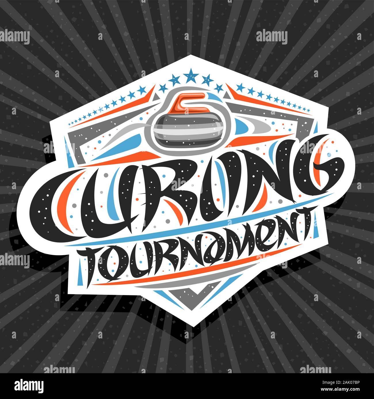 Vector logo for Curling Tournament, modern signage with throwing rock in goal, original brush typeface for words curling tournament, sports shield wit Stock Vector