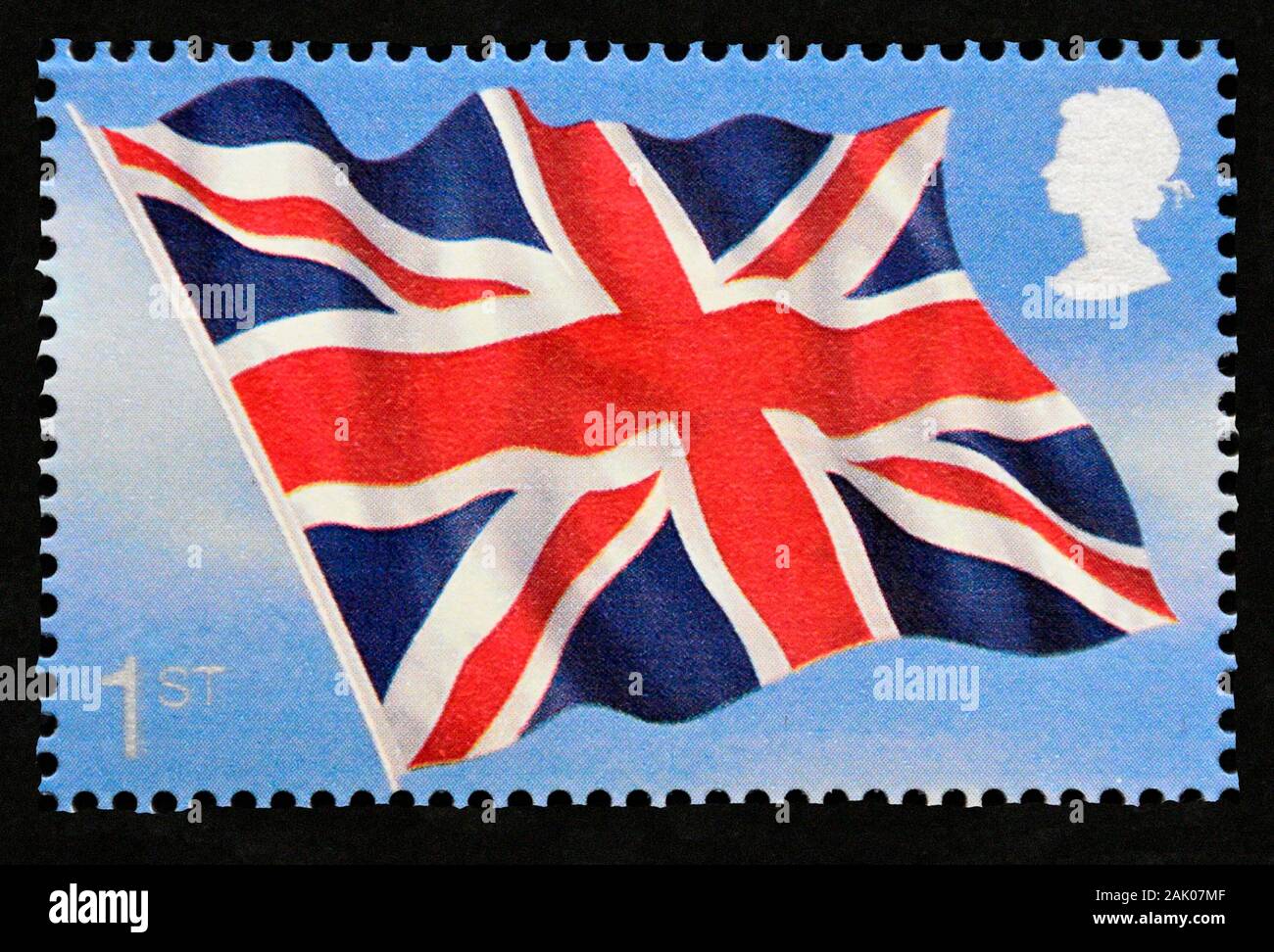 Postage stamp. Great Britain. Queen Elizabeth II. Centenary of Royal Navy Submarine Service. Union Jack Flag. 1st. class. 2001. Stock Photo