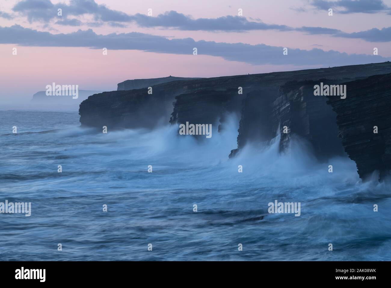 Waves crass against cliffs at Yesnaby, Orkney, Scotland Stock Photo