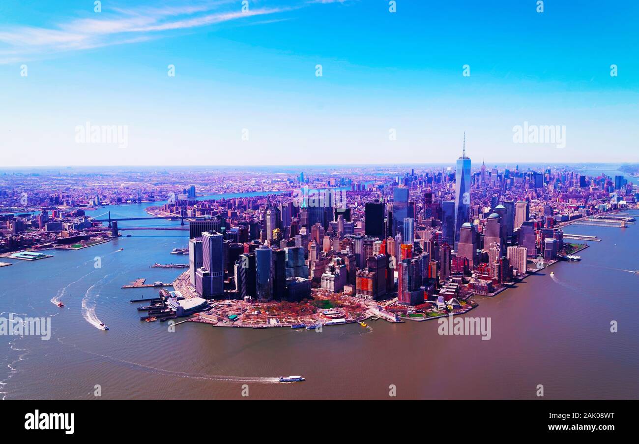 Manhattan with East River and Hudson River New York reflex Stock Photo ...