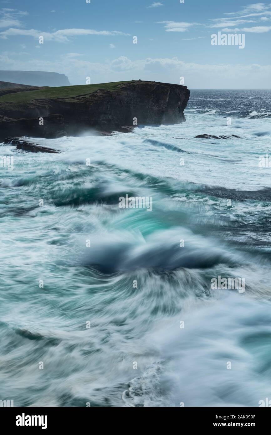 Waves crass against cliffs at Yesnaby, Orkney, Scotland Stock Photo