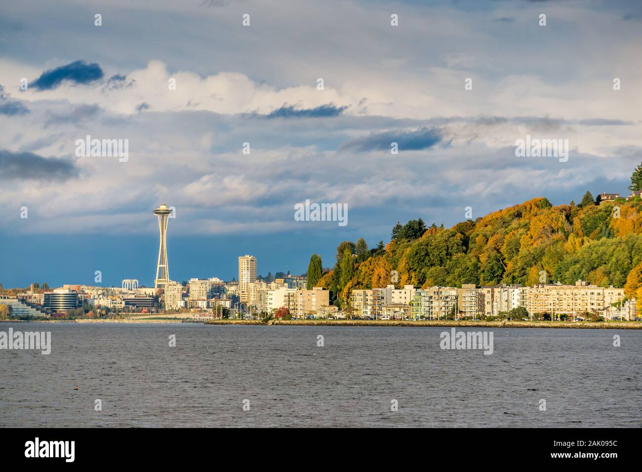 A view of condos at Alki Beach and the Seattle skyline. Stock Photo