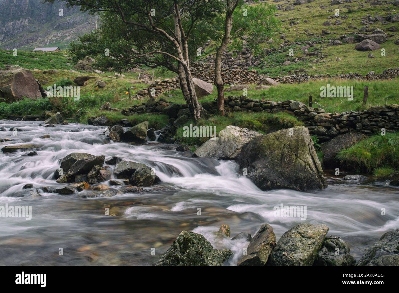 Afon Nant Peris river as it flows through the Llanberis pass in Gwynedd, North Wales Stock Photo