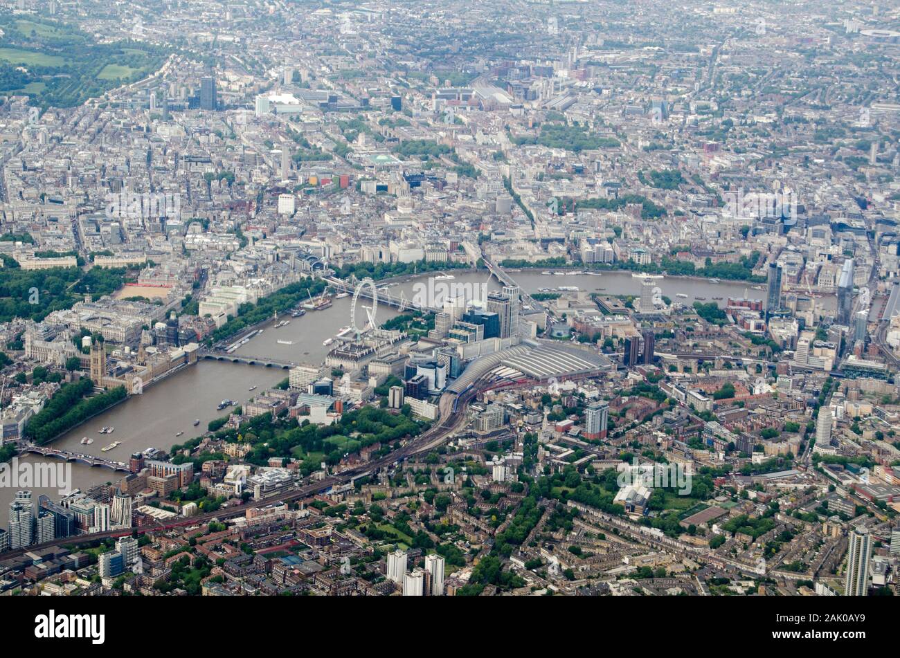 Aerial view looking north across Lambeth and Waterloo Station towards the River Thames, Westminster and Camden in London. Stock Photo