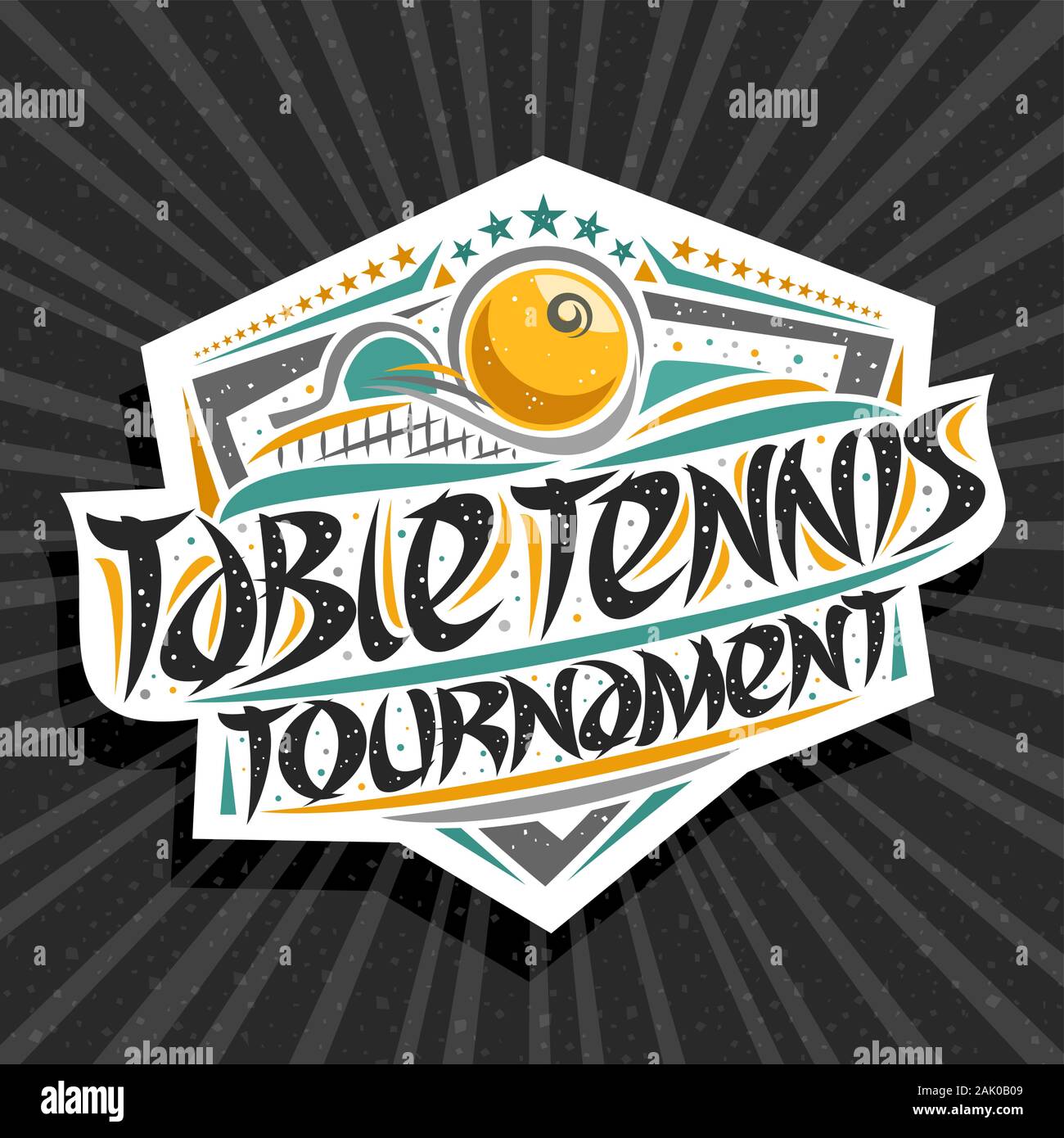 Vector logo for Table Tennis Tournament, signage with hitting ball in goal, original brush typeface for words table tennis tournament, sports shield w Stock Vector