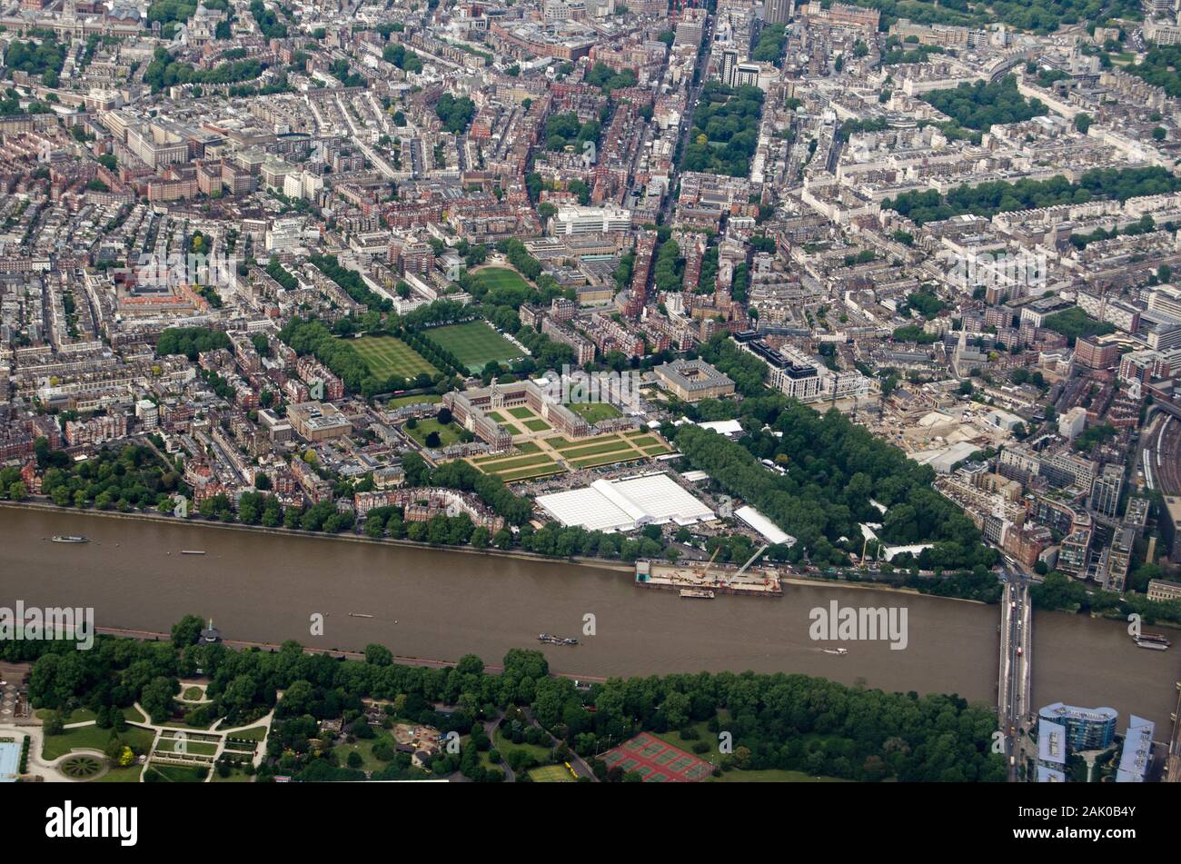 Aerial view looking north across Chelsea with the white marquees for the annual Flower Show at the Royal Hospital and Home. Stock Photo