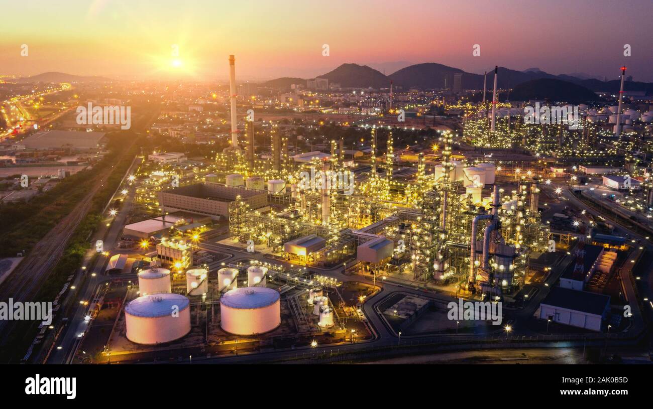Panorama aerial view oil and gas refinery,refinery Industry at twilight Stock Photo
