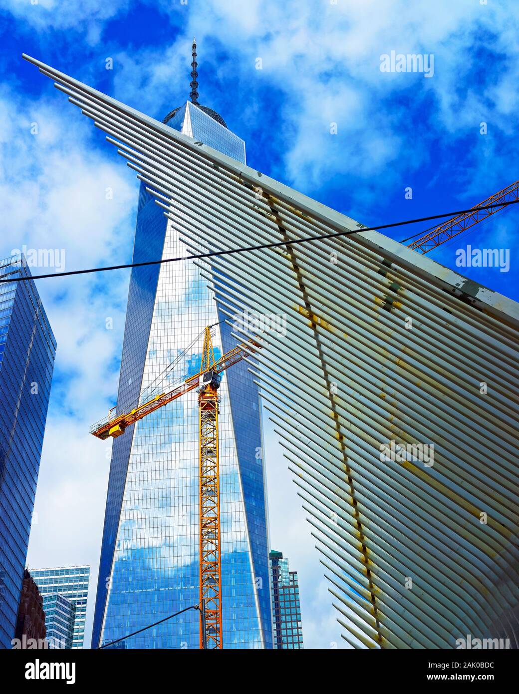 Detail of wing of WTC Transportation Hub and Freedom Tower reflex Stock Photo