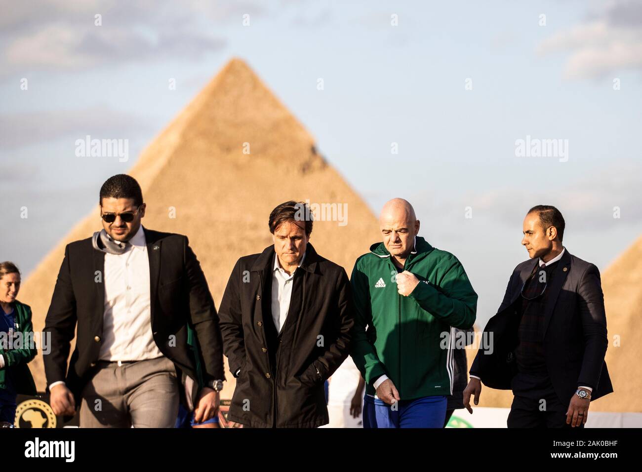 Giza, Egypt. 06th Jan, 2020. FIFA President Gianni Infantino (2nd R) is pictured after the CAF and FIFA Legends exhibition match at the Giza Pyramids complex, ahead of the CAF awards 2019. The CAF awards 2019 Gala is scheduled to be held in Hurghada on 07 January 2020. Credit: Omar Zoheiry/dpa/Alamy Live News Stock Photo